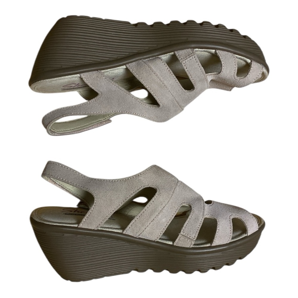 Skechers Memory Foam Blush Pink Suede Caged Wedge Sandals Women’s Size 7 - Picture 11 of 13